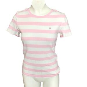 Tommy Hilfiger Women's Pink and White Preppy Striped Tee size medium